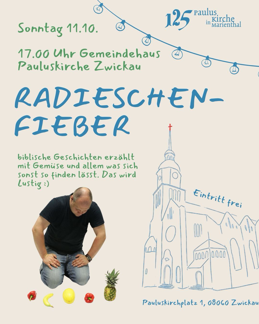 Pictogramm Pauluskirche mit Werbung für Radieschenfieber